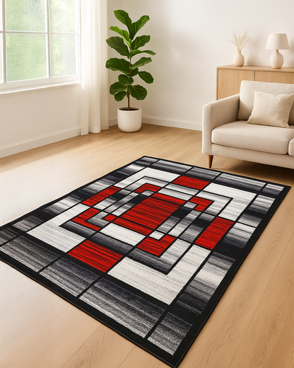 Geometric Red and Black Rug - Felt Backing