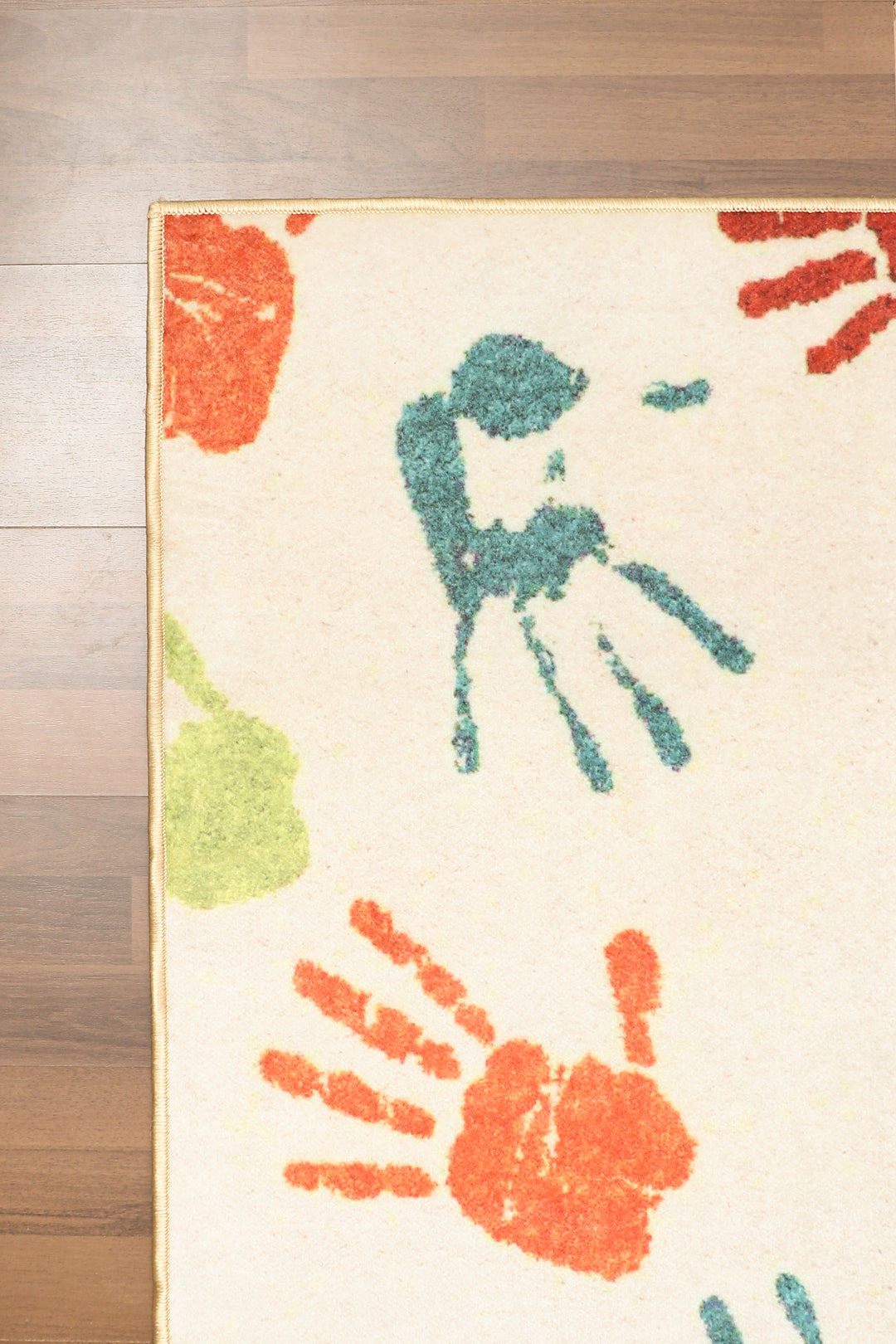 Beige with Multi Color Hand Print Rectangle Non Woven Rug with Non Slip TPR Backing For Everyday Use