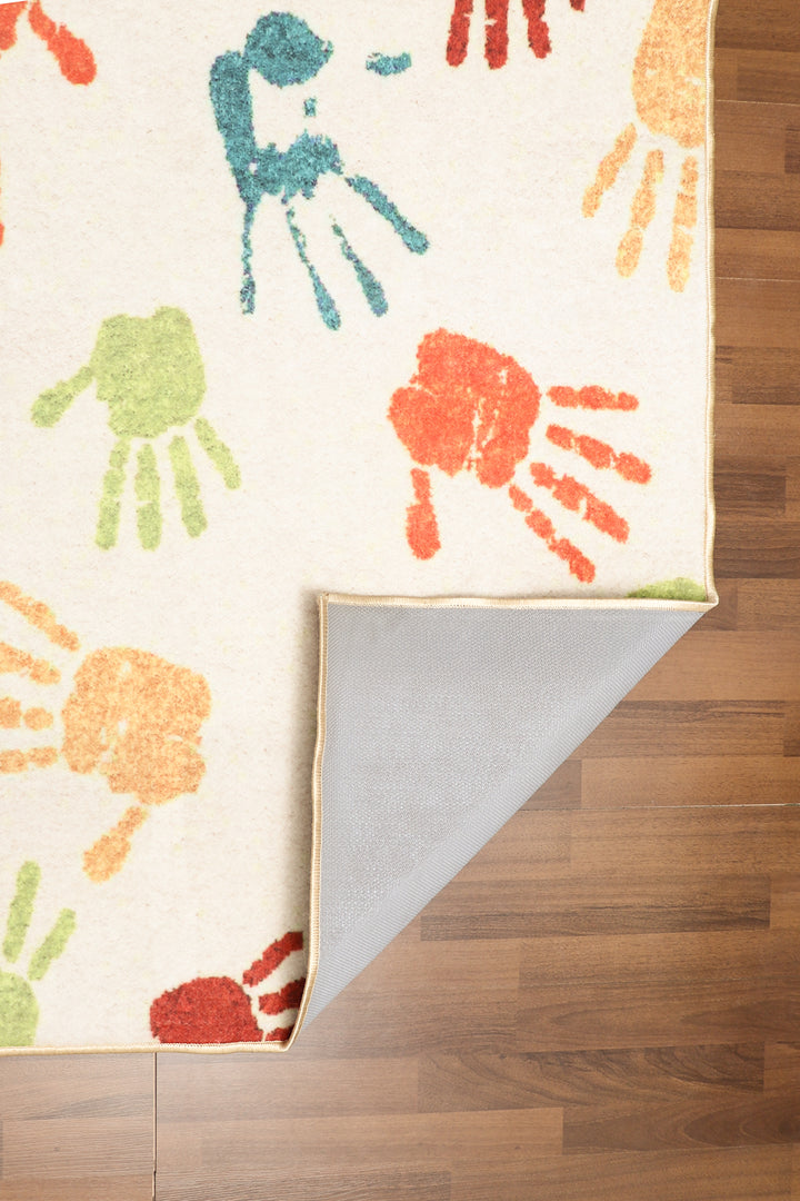 Beige with Multi Color Hand Print Rectangle Non Woven Rug with Non Slip TPR Backing For Everyday Use