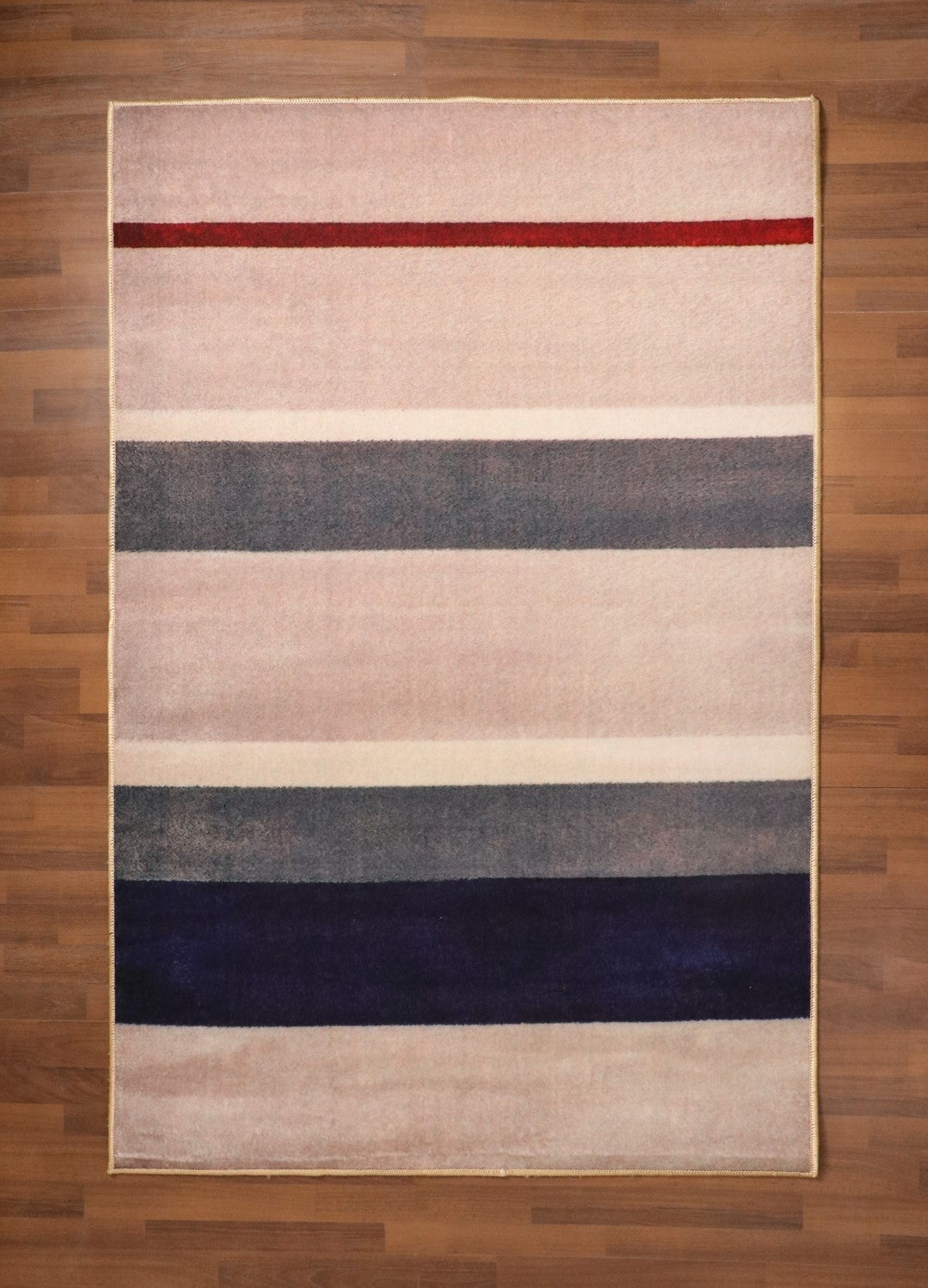 Beige with Multi Color Strip Print Rectangle Non Woven Rug with Non Slip TPR Backing For Everyday Use