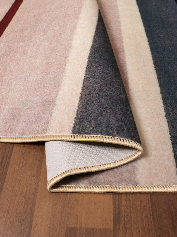 Beige with Multi Color Strip Print Rectangle Non Woven Rug with Non Slip TPR Backing For Everyday Use