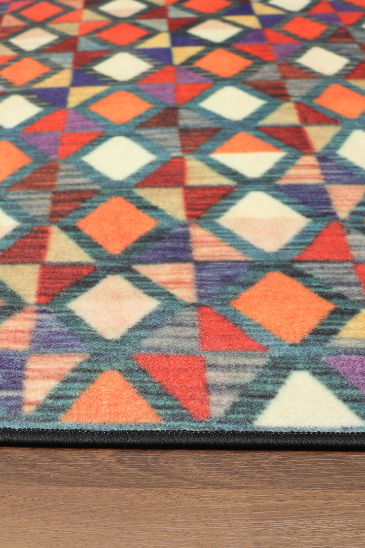Multi Color Kilim Print Rectangle Non Woven Rug with Non Slip TPR Backing For Everyday Use