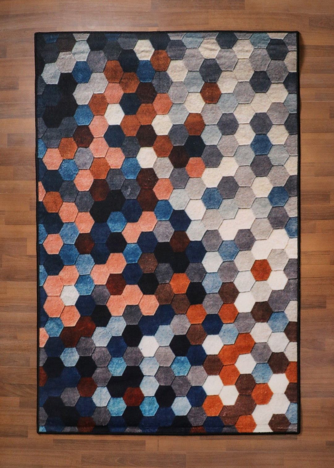 Multi Color Hexagon Print Rectangle Non Woven Rug with Non Slip TPR Backing For Everyday Use