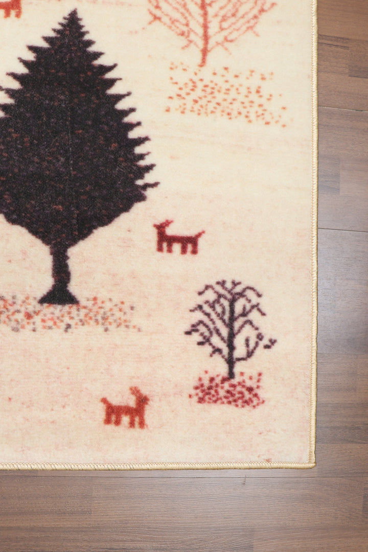 Beige with Multi Color Tree Print Rectangle Non Woven Rug with Non Slip TPR Backing For Everyday Use