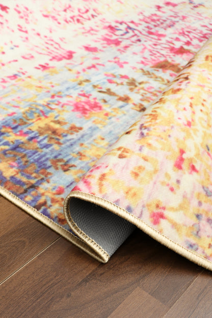 Blue Pink Distressed Pattern Abstract Print Rug