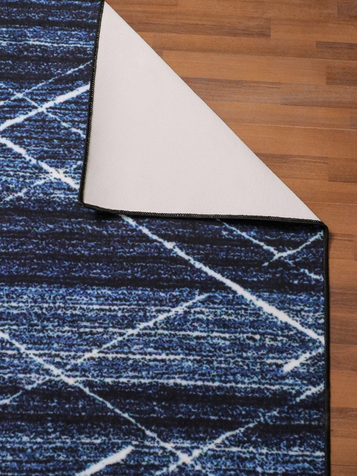 Dark Blue Strips with White Color Cris Cross Print Non Woven Rug with Non Slip TPR Backing For Everyday Use