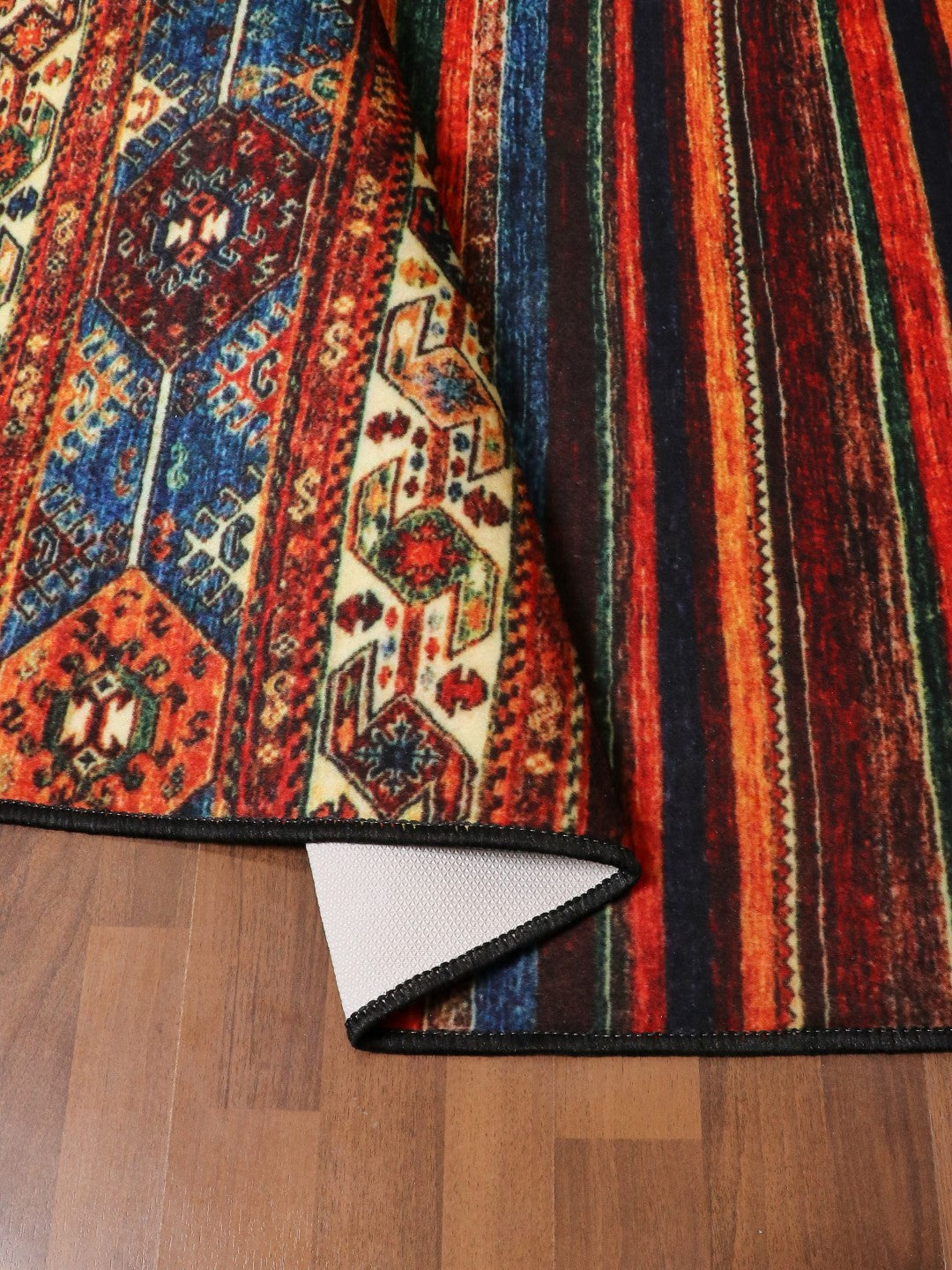 Multi Color Kazak Print Rectangle Non Woven Rug with Non Slip TPR Backing For Everyday Use
