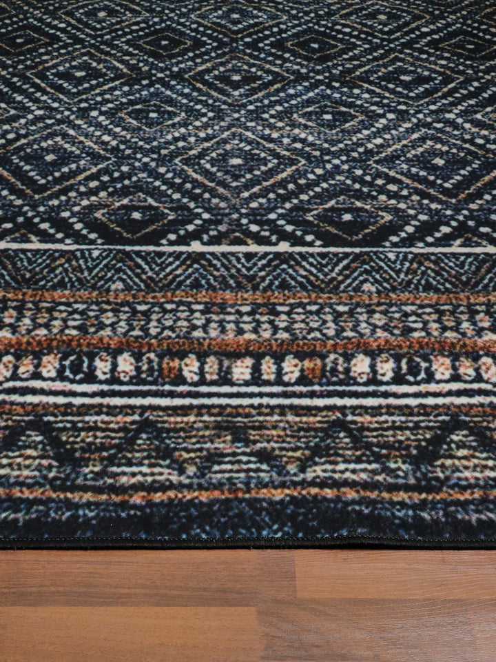 Black with Beige Killim Print Rectangle Non Woven Rug with Non Slip TPR Backing For Everyday Use