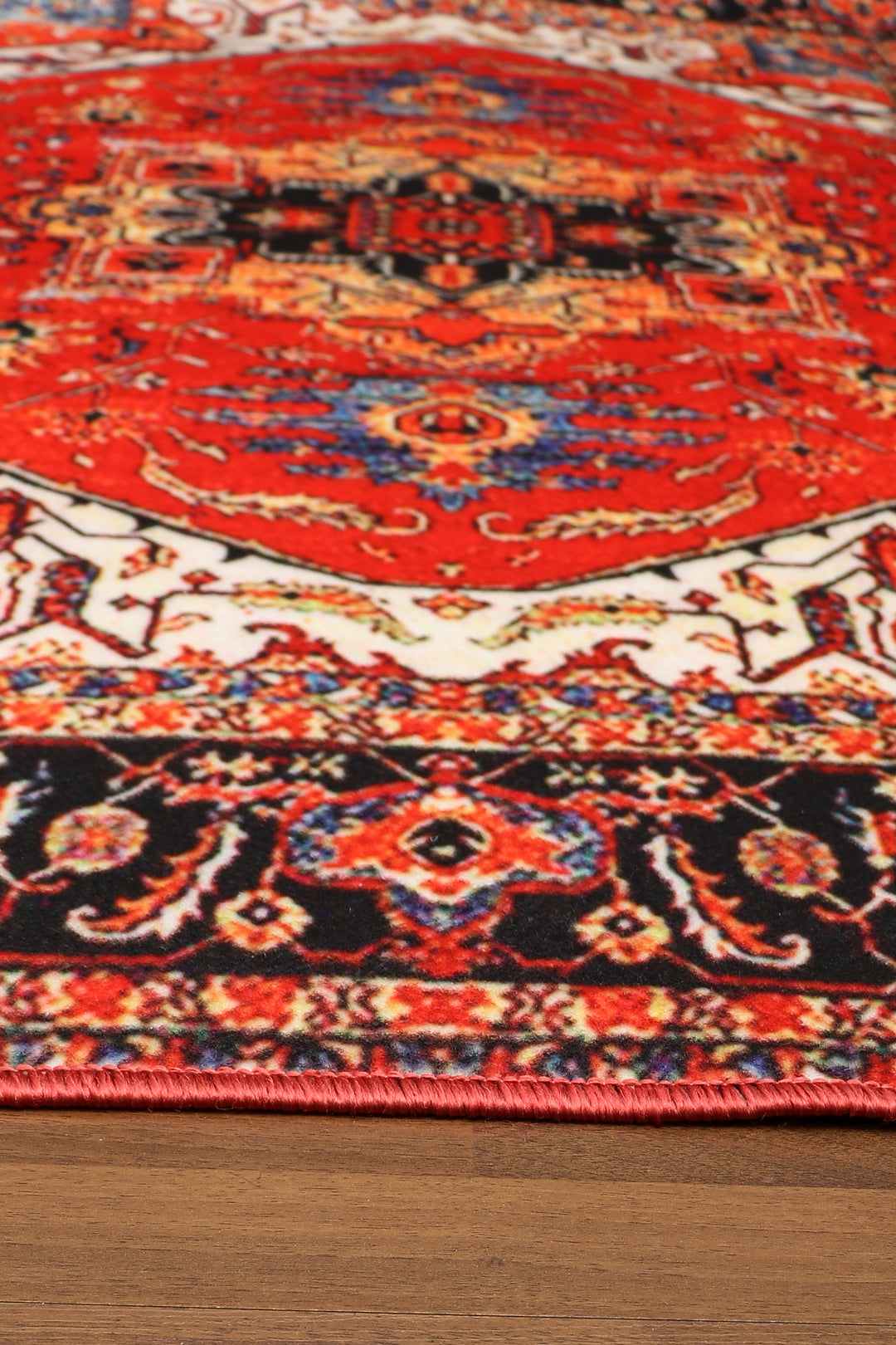 Red with Multi Color Medallion Print Rectangle Non Woven Rug with Non Slip TPR Backing For Everyday Use