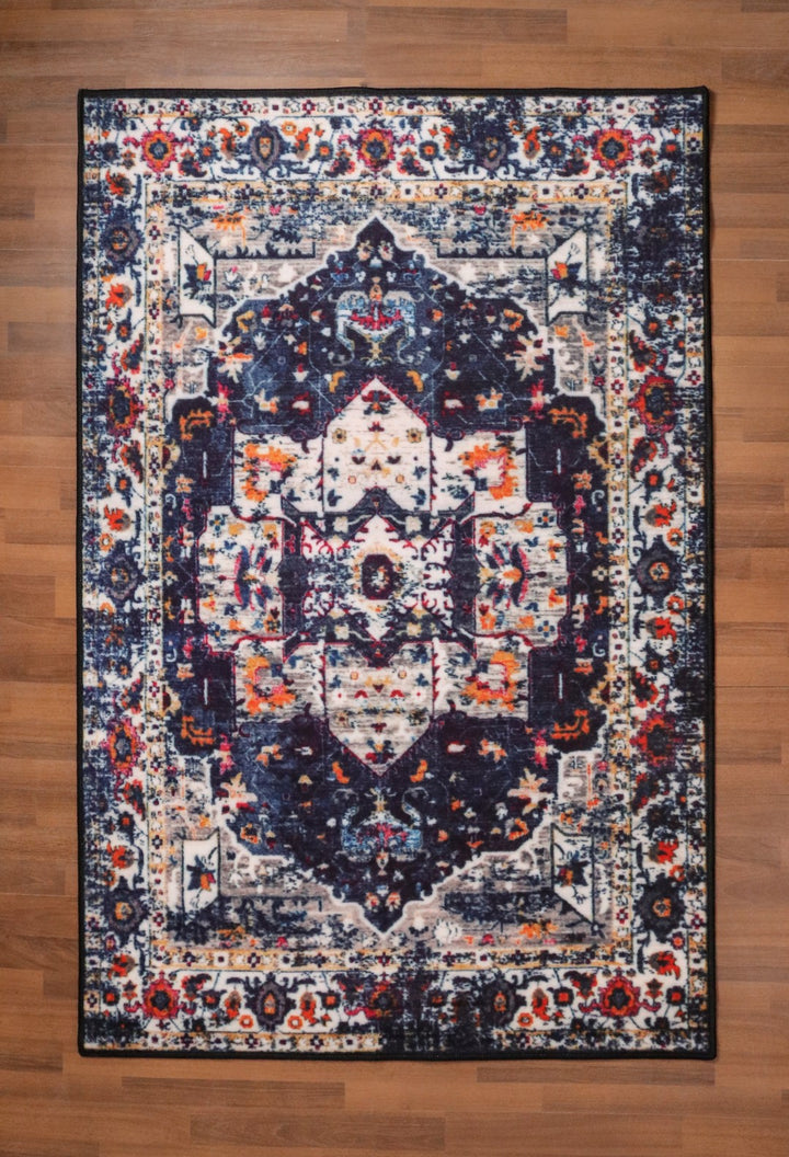Dark Blue with Multicolor Medallion Print Rectangle Non Woven Rug with Non Slip TPR Backing For Everyday Use