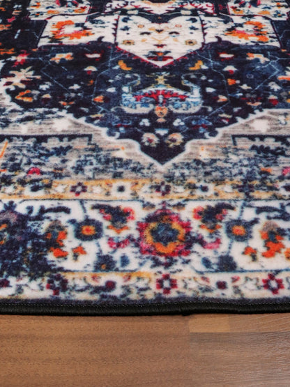 Dark Blue Multicolor Medallion Print Rug