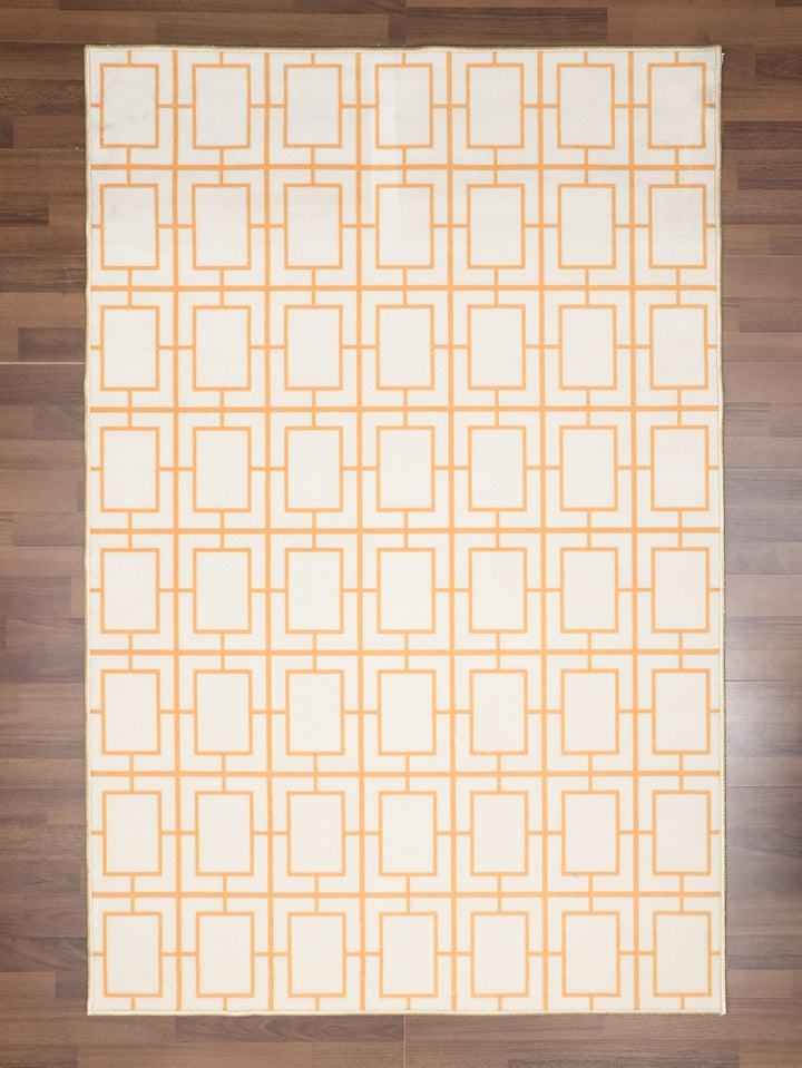 Beige and Orange Geometric Print Rectangle Non Woven Rug with Non Slip TPR Backing For Everyday Use