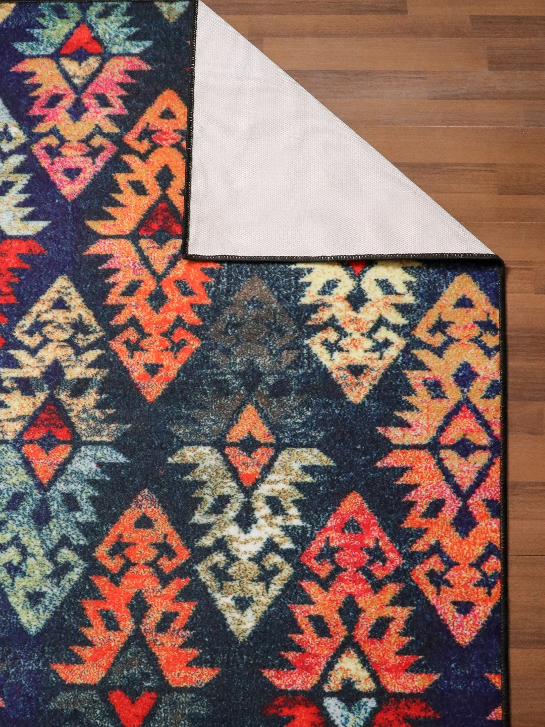 Multi Color Kilim Print Rectangle Non Woven Rug with Non Slip TPR Backing For Everyday Use