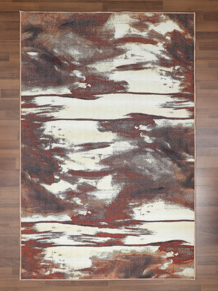 Brown and Beige Abstract Print Rectangle Non Woven Rug with Non Slip TPR Backing For Everyday Use