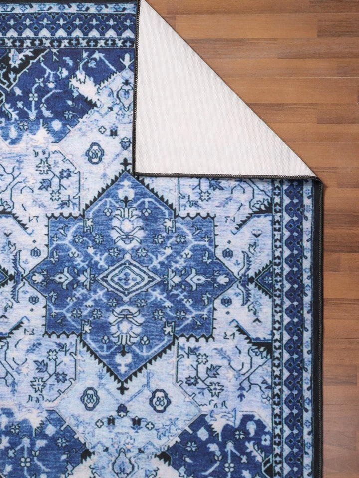 Blue And Sky Blue Color Medallion Print Rectangle Non Woven Rug with Non Slip TPR Backing For Everyday Use