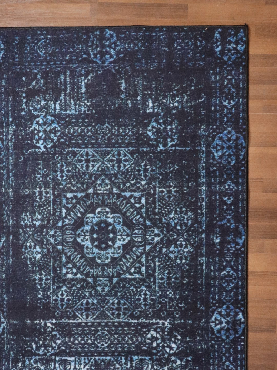 Dark Blue Medallion Print Rectangle Non Woven Rug with Non Slip TPR Backing For Everyday Use