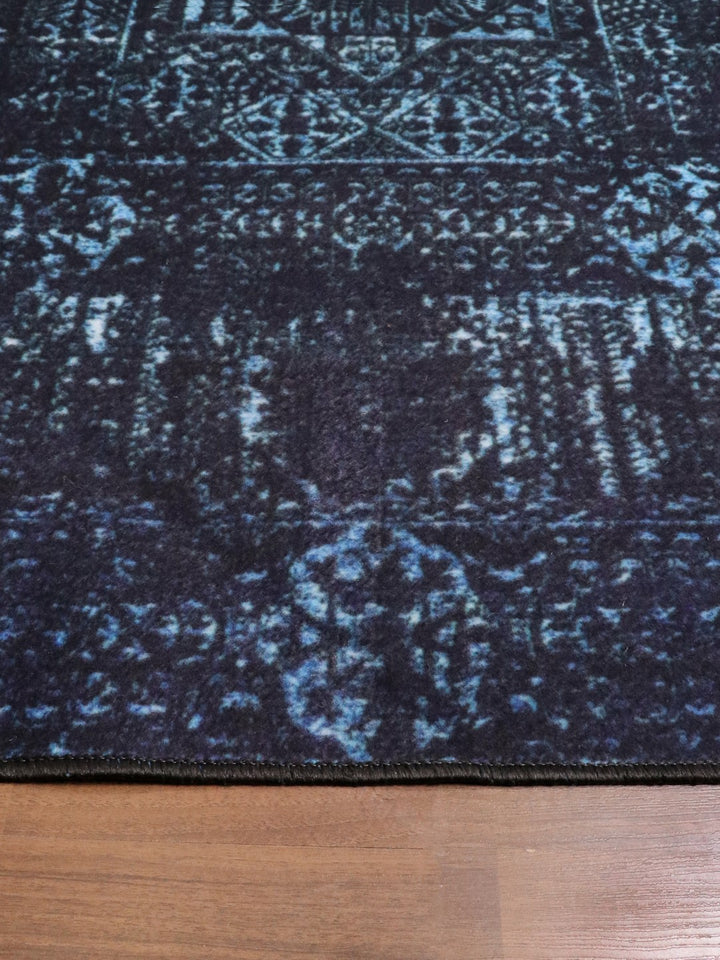 Dark Blue Medallion Print Rectangle Non Woven Rug with Non Slip TPR Backing For Everyday Use