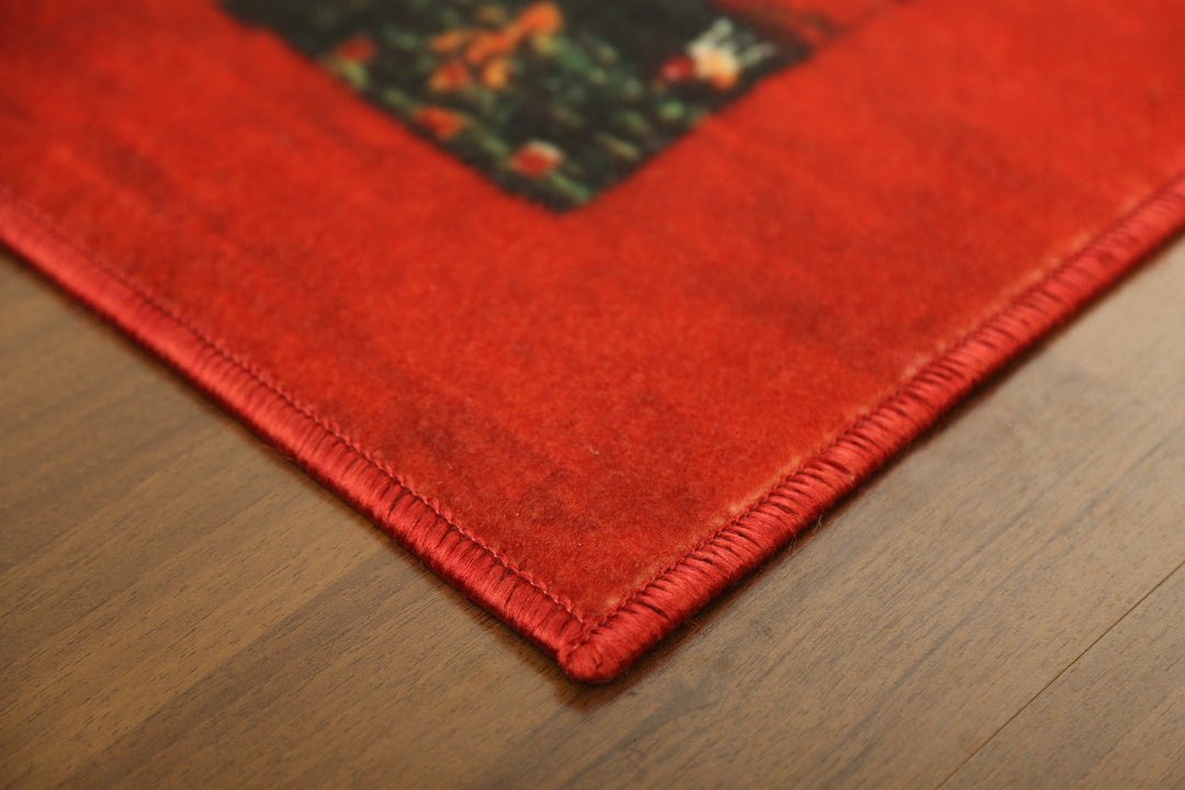 Red with Multi Color All Over Traditional Print Rectangle Non Woven Rug with Non Slip TPR Backing For Everyday Use