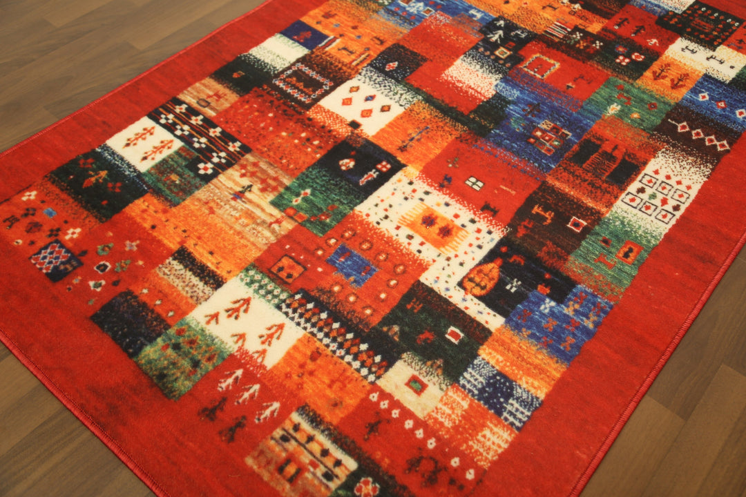 Red with Multi Color All Over Traditional Print Rectangle Non Woven Rug with Non Slip TPR Backing For Everyday Use