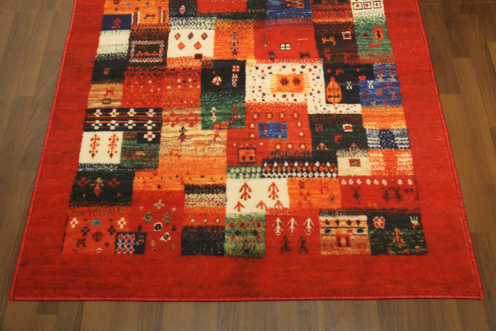 Red with Multi Color All Over Traditional Print Rectangle Non Woven Rug with Non Slip TPR Backing For Everyday Use