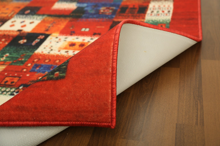 Red with Multi Color All Over Traditional Print Rectangle Non Woven Rug with Non Slip TPR Backing For Everyday Use