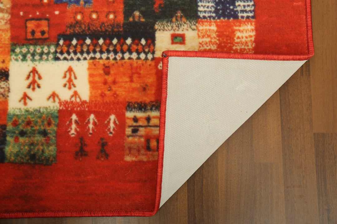Red with Multi Color All Over Traditional Print Rectangle Non Woven Rug with Non Slip TPR Backing For Everyday Use
