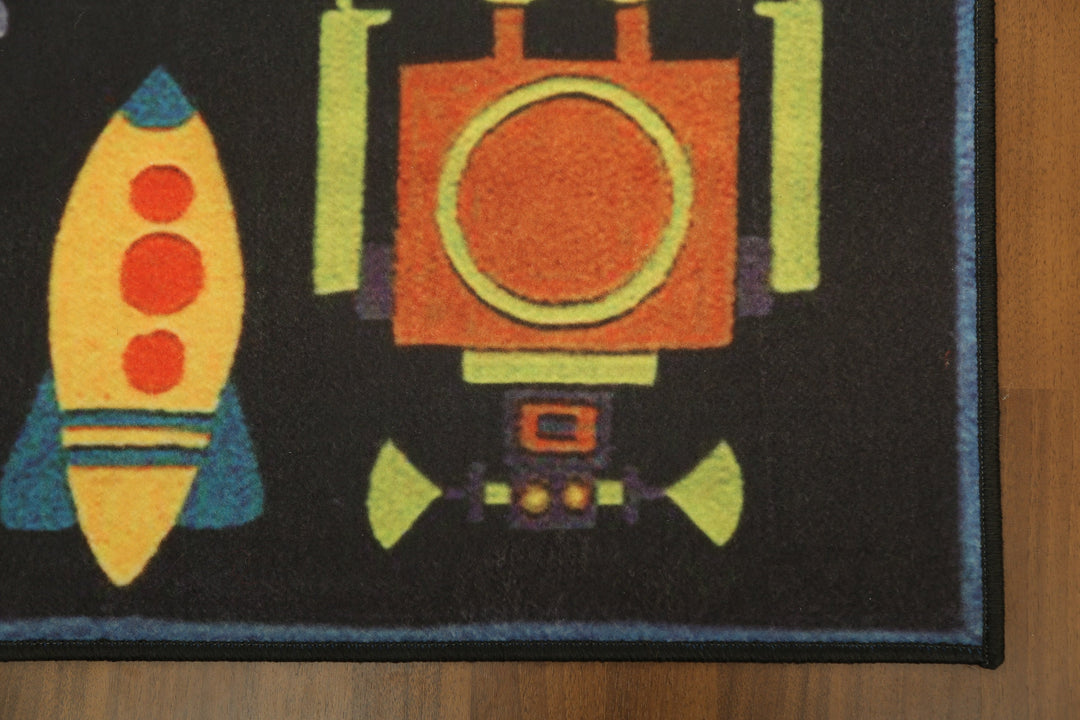 Black with Multi Color Robot Print Rectangle Non Woven Rug with Non Slip TPR Backing For Everyday Use