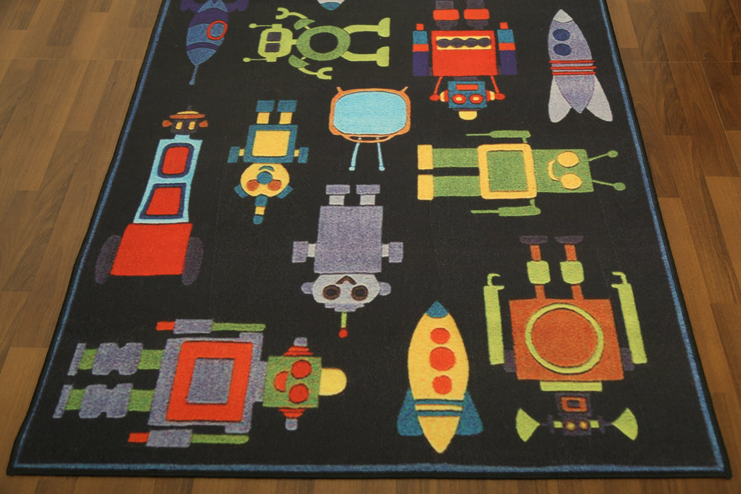 Black with Multi Color Robot Print Rectangle Non Woven Rug with Non Slip TPR Backing For Everyday Use