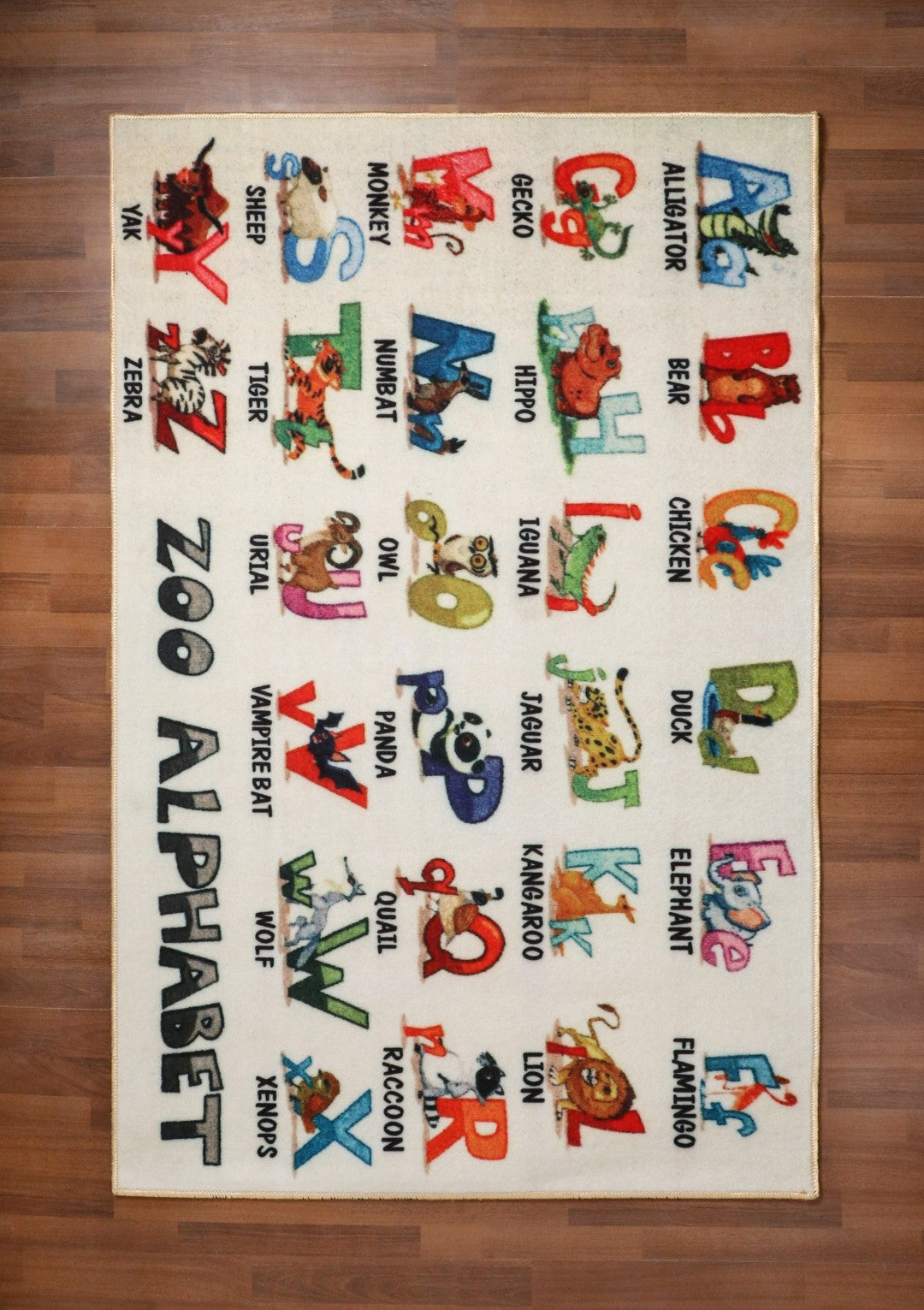 Beige with Multi Color Alphabet Print Rectangle Kids Non Woven Rug with Non Slip TPR Backing For Everyday Use