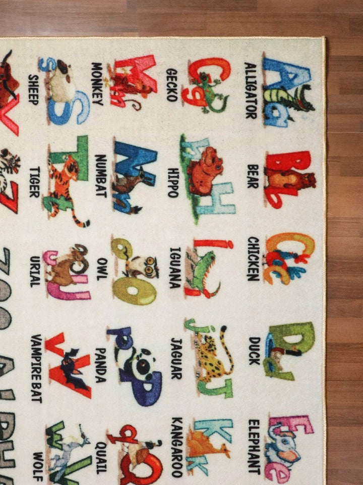 Beige with Multi Color Alphabet Print Rug