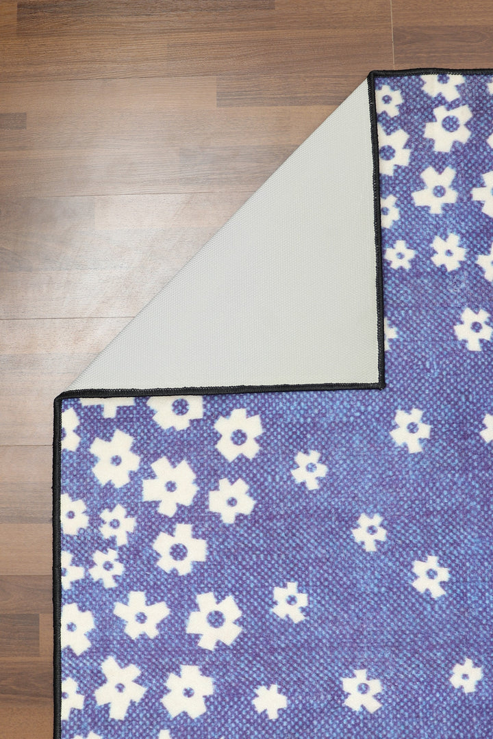 Purple with Beige Floral Print Rectangle Kids Non Woven Rug with Non Slip TPR  Backing For Everyday Use