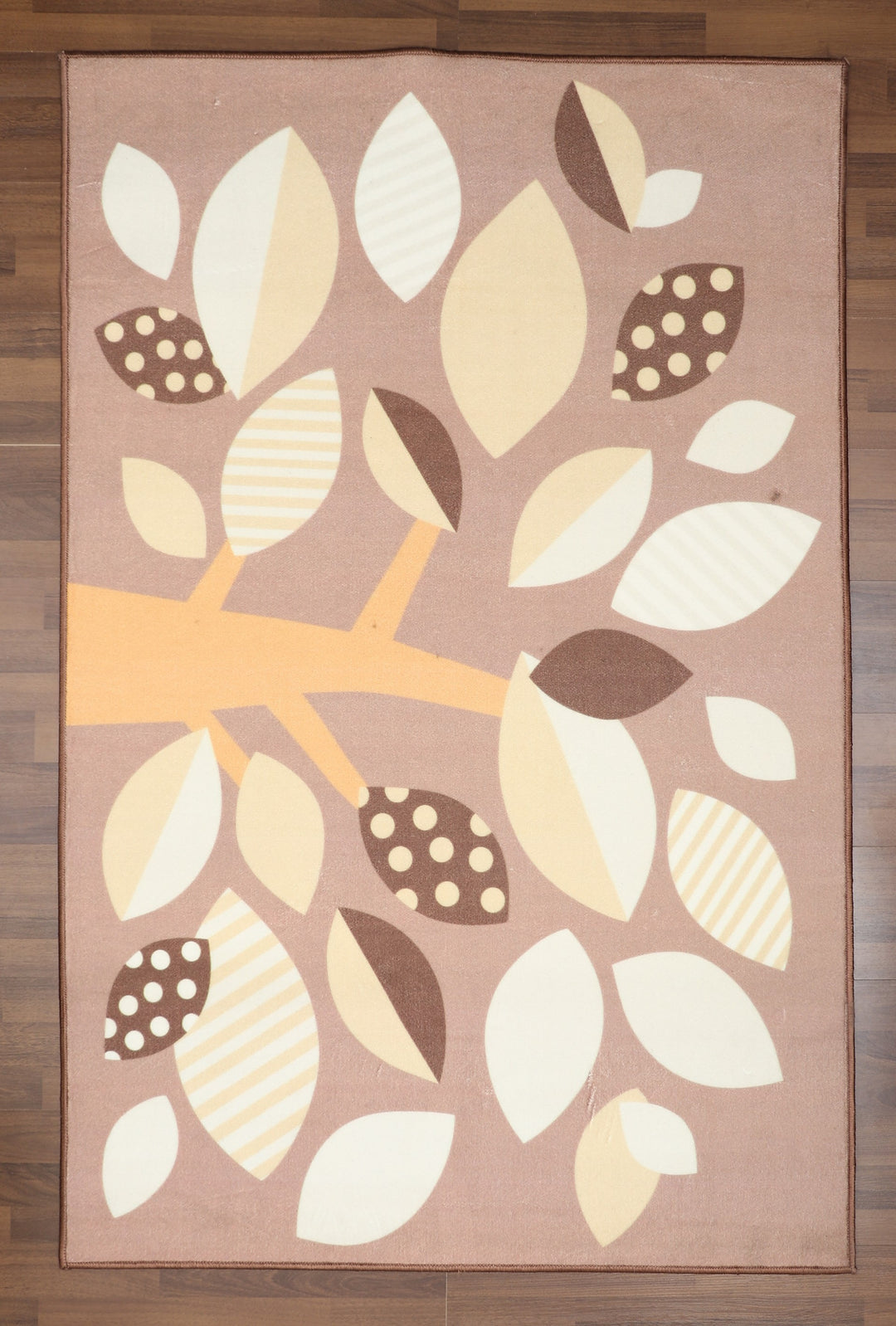 Brown with Multi Color Tree Print Rectangle Kids Non Woven Rug with Non Slip TPR Backing For Everyday Use