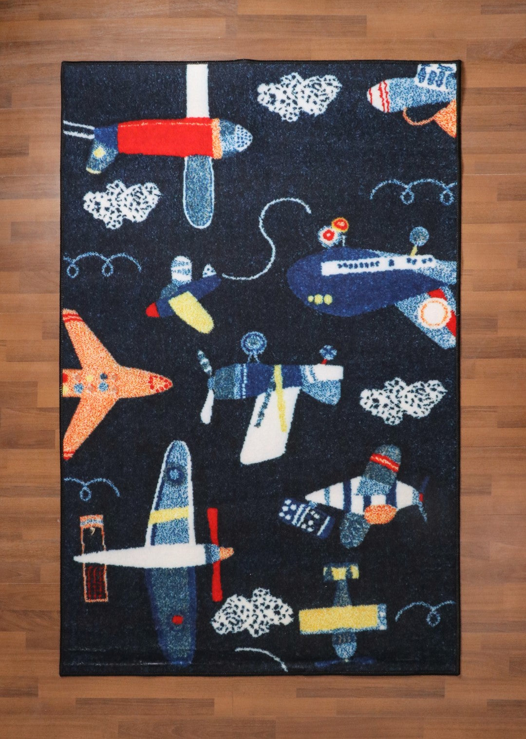 Dark Blue with Multi Color Airplanes Print Rectangle Kids Non Woven Rug with Non Slip TPR Backing For Everyday Use