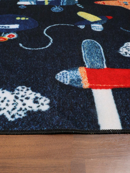 Dark Blue Multi Color Airplanes Print Rug