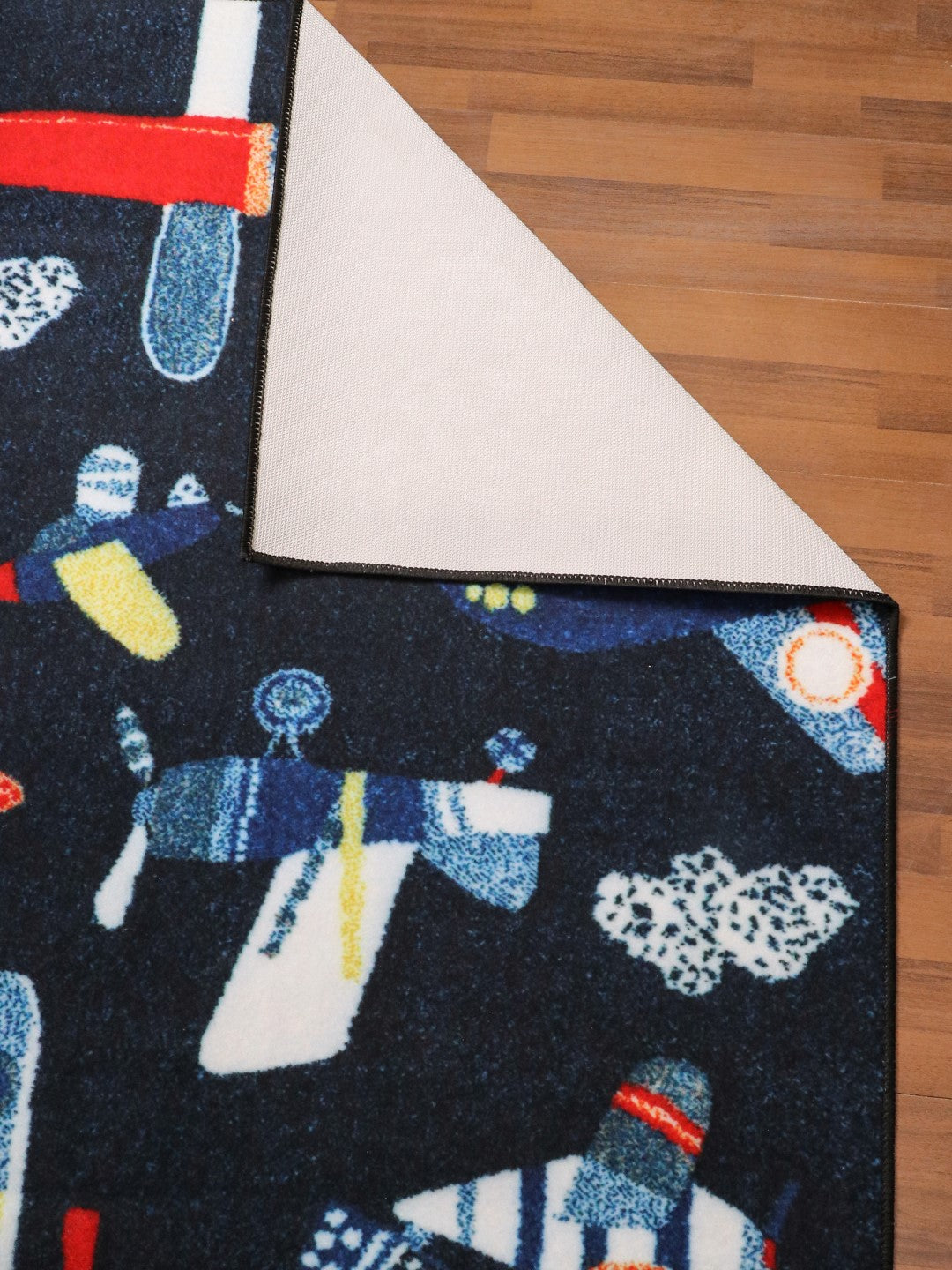 Dark Blue with Multi Color Airplanes Print Rectangle Kids Non Woven Rug with Non Slip TPR Backing For Everyday Use