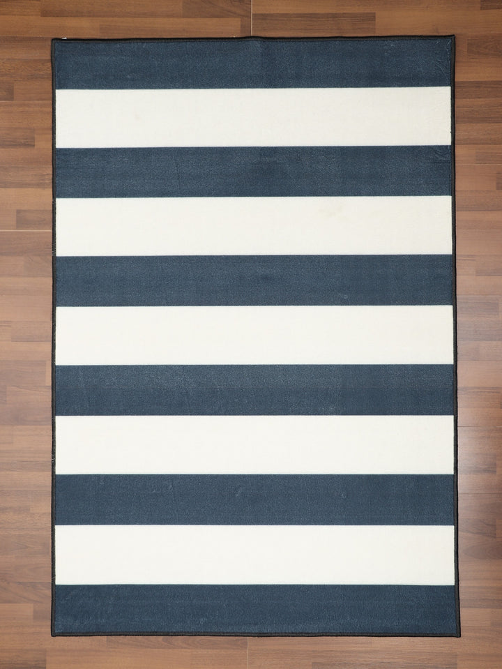 Blue and Beige Strip Print Rectangle Kids Non Woven Rug with Non Slip TPR Backing For Everyday Use