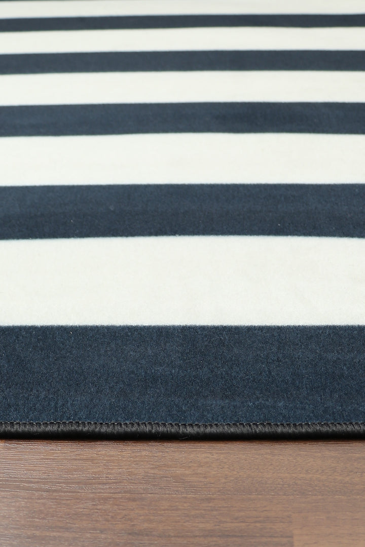 Blue and Beige Strip Print Rectangle Kids Non Woven Rug with Non Slip TPR Backing For Everyday Use