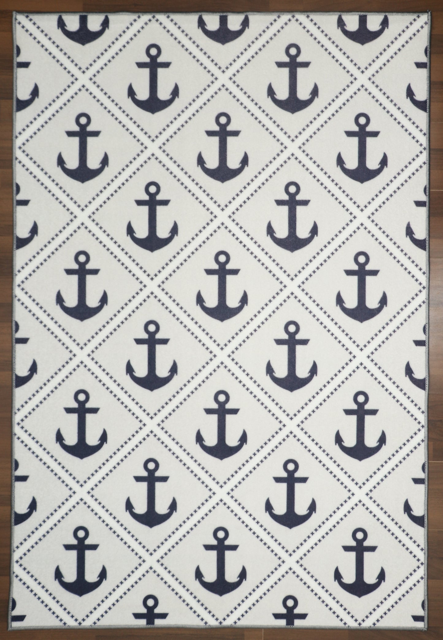 Grey With Blue Anchor & White Criss Cross Print Rug