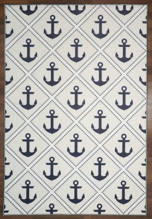Grey With Blue Anchor & White Criss Cross Print Rug
