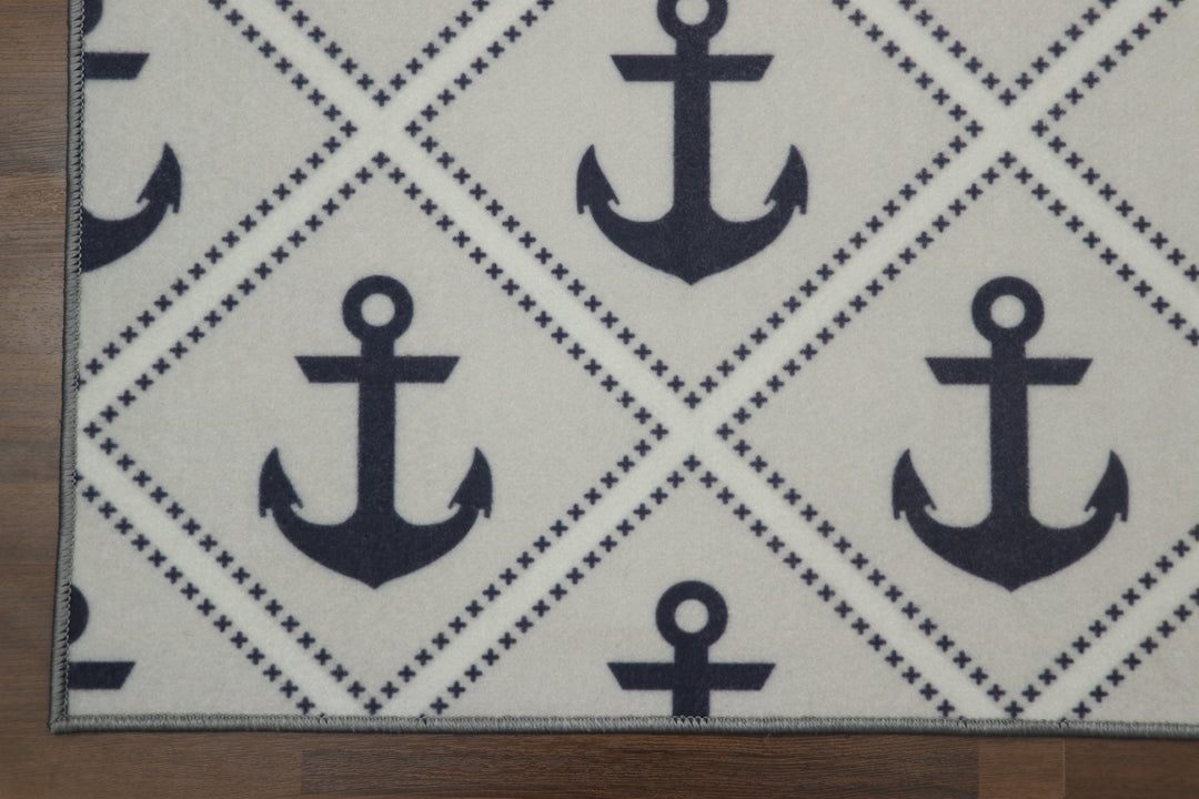 Grey With Blue Color Anchor White Criss Cross Print Rectangle Kids Non Woven Rug with Non Slip TPR Backing For Everyday Use