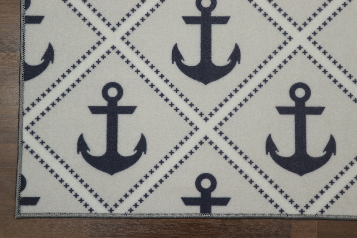 Grey With Blue Anchor & White Criss Cross Print Rug