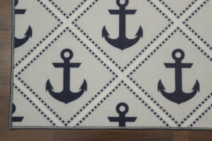 Grey With Blue Anchor & White Criss Cross Print Rug