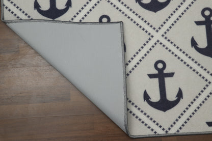 Grey With Blue Anchor & White Criss Cross Print Rug