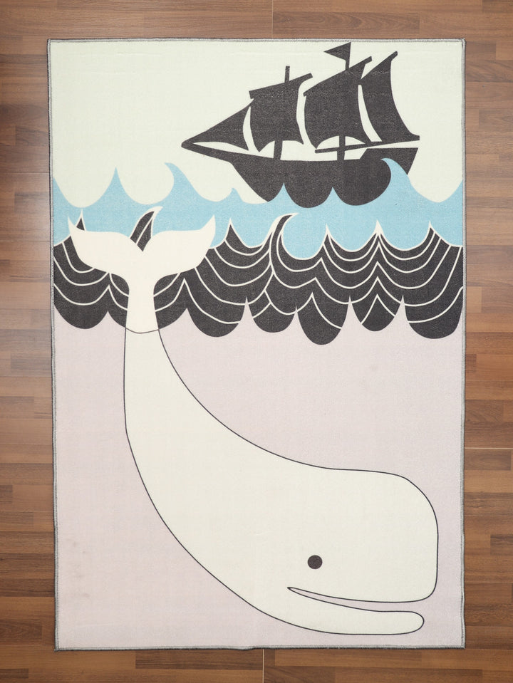 Multi Color Whale with Sea Ship Print Rectangle Kids Non Woven Rug with Non Slip TPR Backing For Everyday Use