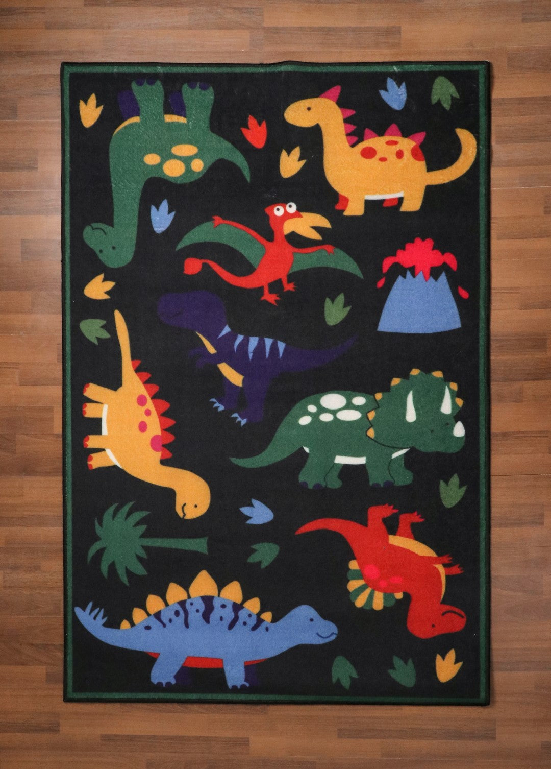 Black With Multi Color Dinosaur Drawing Print Rug