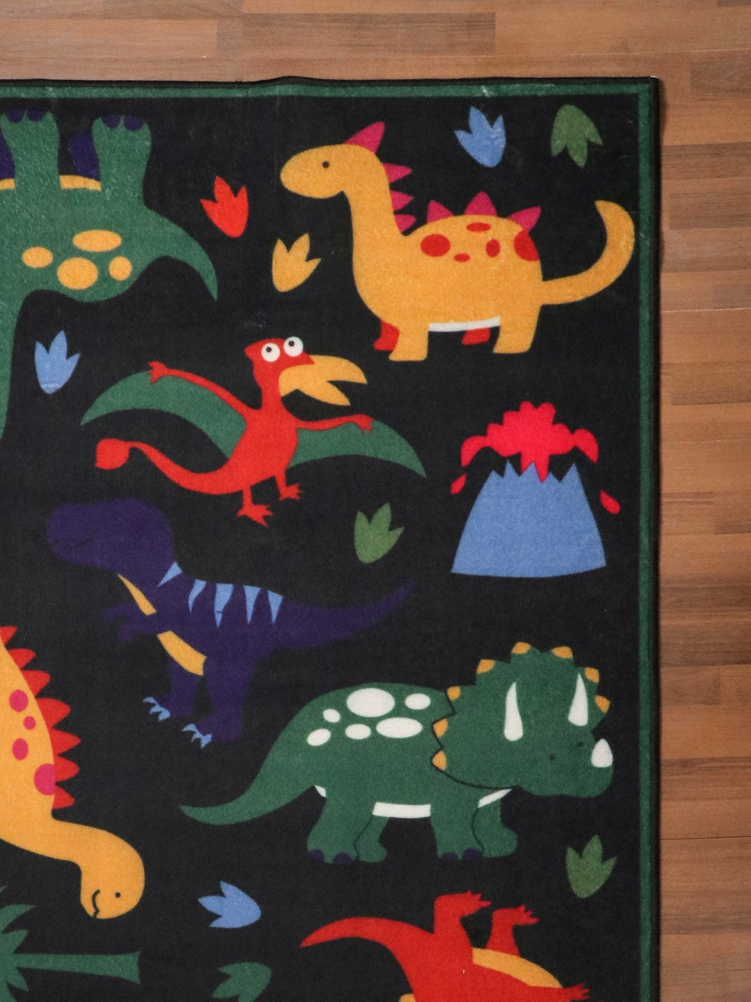 Black with Multi Color Dinosaur Kid Drawing Print Rectangle Kids Non Woven Rug with Non Slip TPR Backing For Everyday Use