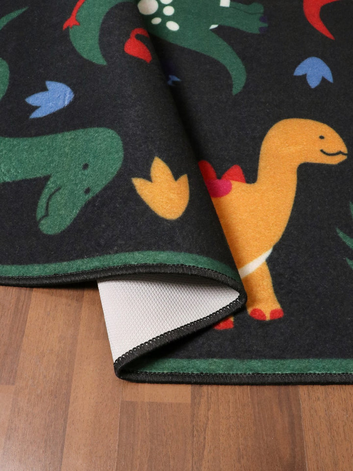 Black with Multi Color Dinosaur Kid Drawing Print Rectangle Kids Non Woven Rug with Non Slip TPR Backing For Everyday Use
