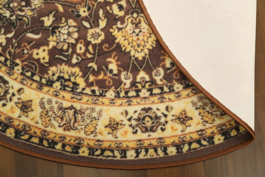 Beige and Brown Traditional Print Round Rug