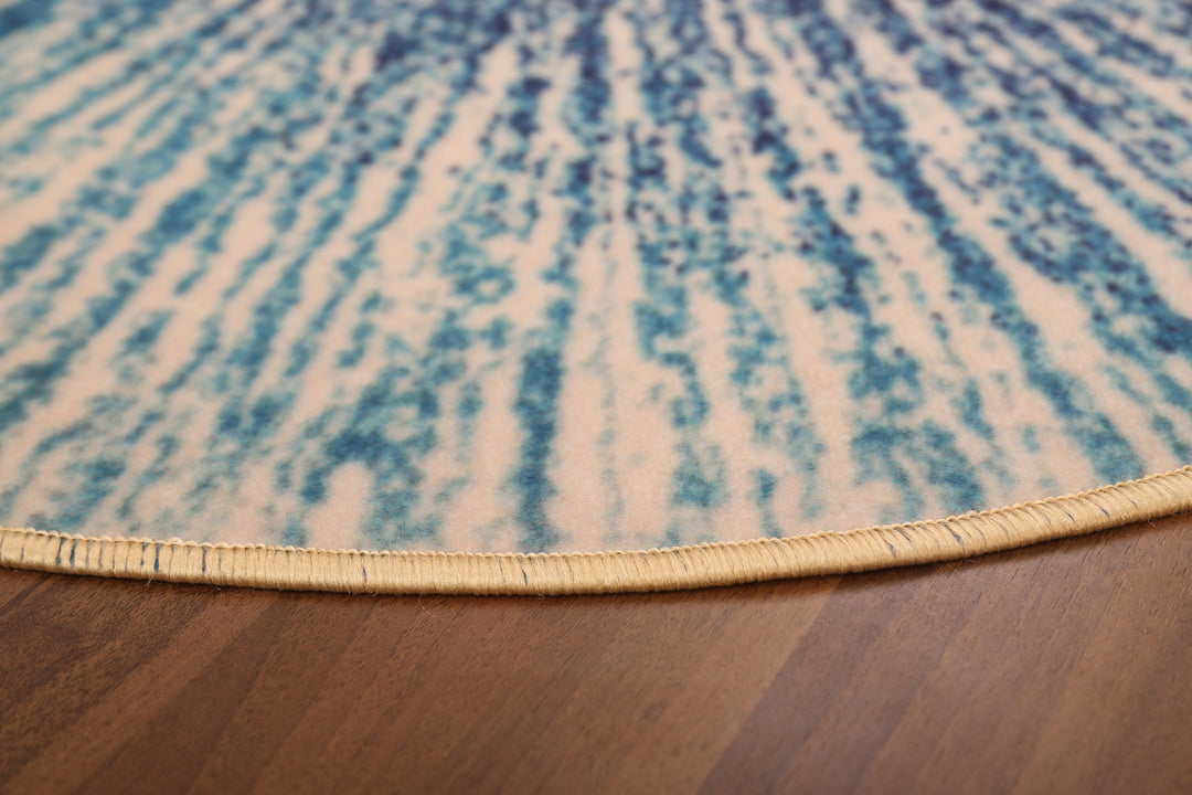 Beige and Blue Abstract Print Round Rug