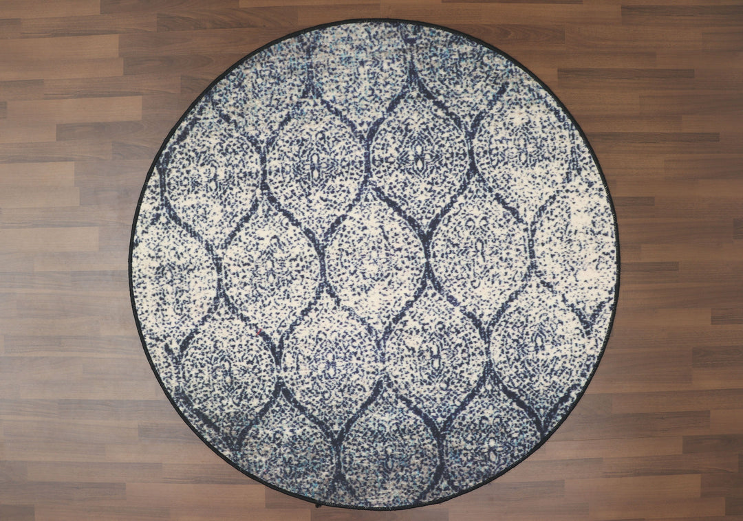 Blue and Beige Geometric Round Non Woven Rug with Non Slip TPR Backing For Everyday Use